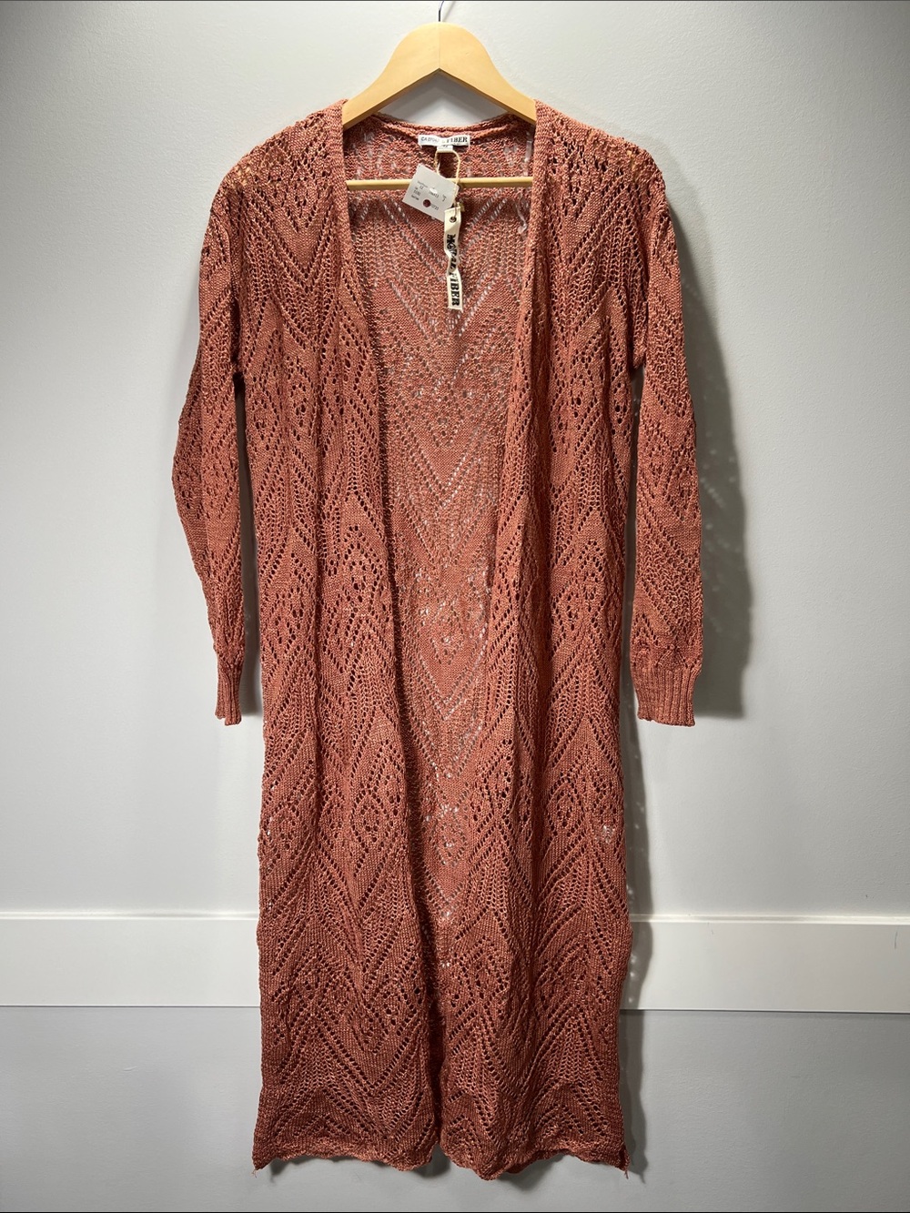 Moral Fiber Open-Front Rusty Rose Crochet Maxi Cardigan - Medium